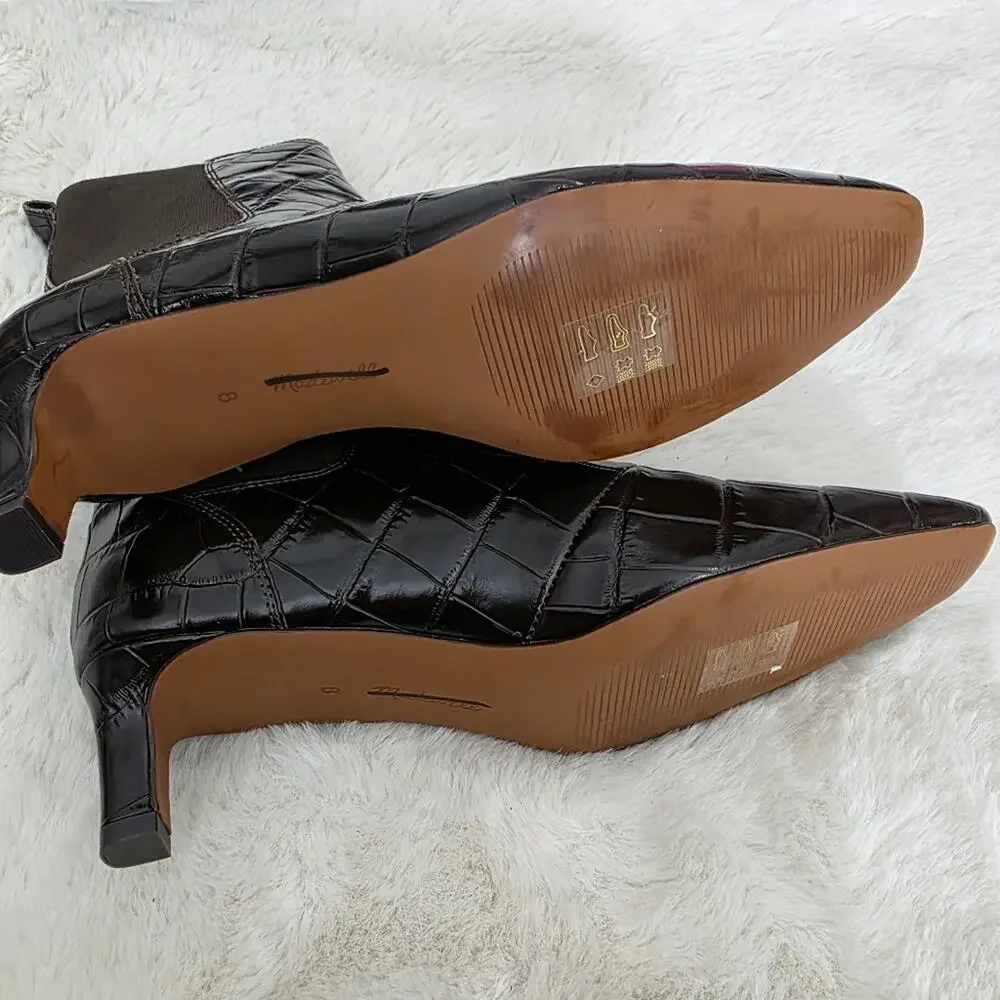 Madewell Dimes Coffee Bean Brown Croc Leather Chelsea Boot Kitten Heel Boots 8
